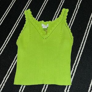 House of Harlow 1960 Lime Green Ribbed Knit Crochet Trim Tank Top